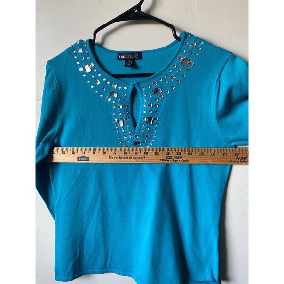 I.N. Studio Blue Bejeweled Beaded 3/4 Sleeved Knitted Blouse- Size Large - Picture 8 of 8